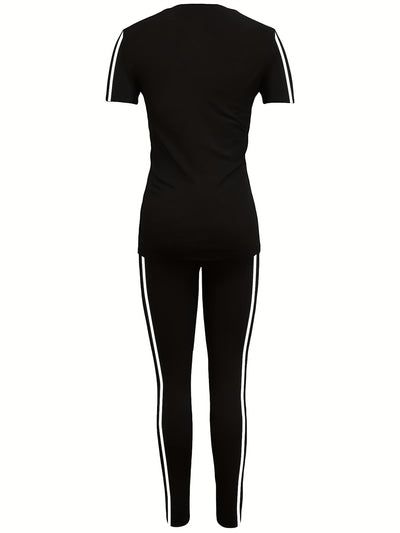 Women'S Casual Fashion Outdoor Sports Set, Double-Sided Striped Round Neck Short Sleeve Long Pants Two-Piece, Women'S Athletic Jogging
