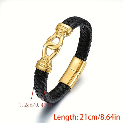 Men's 18K Gold Plated Plated 304 Stainless Steel Leather Bracelet - Braided Leather Strap with Golden-Tone Intertwined Rings, Durable & Stylish Jewelry for Casual Formal Wear