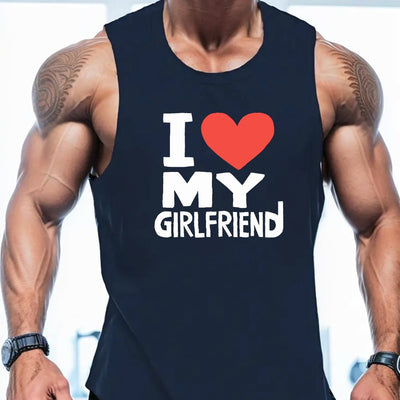 Plus Size, I Love My Girlfriend Print Men's Tank Top, Breathable Comfy Sleeveless For Sports Fitness, Big & Tall Guys