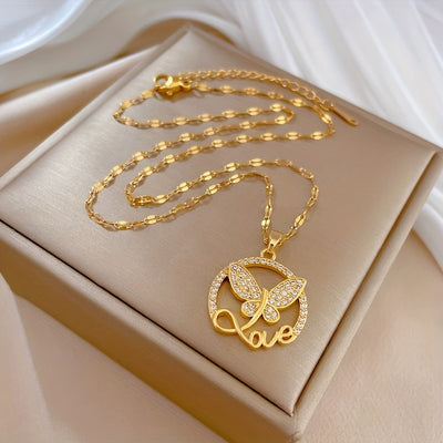 Stainless Steel Butterfly Love Letter Pendant Necklace with Cubic Zirconia, Trendy Clavicle Chain Jewelry Gift for Women and Girls