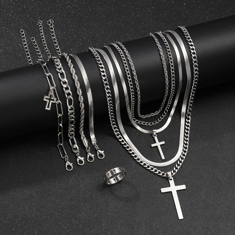 10pcs Casual Stainless Steel Cross Bracelet Necklace Ring Set for Men, Perfect for Vacation or Daily Wear, Gift Idea (No Box Included)