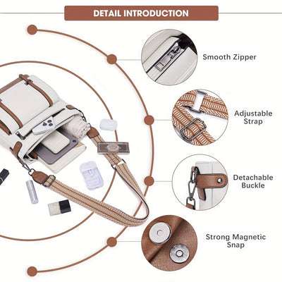 Lucky Hour Women's Large Capacity Crossbody Bag - Elegant Synthetic Leather Messenger Bag with Adjustable Bohemian Strap, Multiple Zippered Pockets & Reinforced Oil-Edged Trim for Travel, Work, Daily Use (Peach, Pink, White,