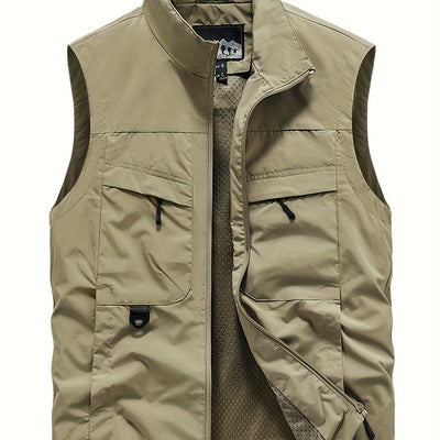 Men'S Navy Blue Sleeveless Vest with Stand Collar, Zippered Front & Side Pockets - Casual, Loose-Fit Outdoor Sports Vest for All Seasons, Polyester Fiber Lining, Perfect for Fall/Winter