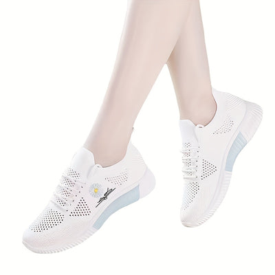 Women's Daisy Pattern Knitted Sneakers, Breathable Low Top Running & Tennis Trainers, Casual Gym Sports Shoes