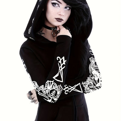 سويت شيرت نسائي بسحاب مطبوع عليه هندسي على طراز البانك