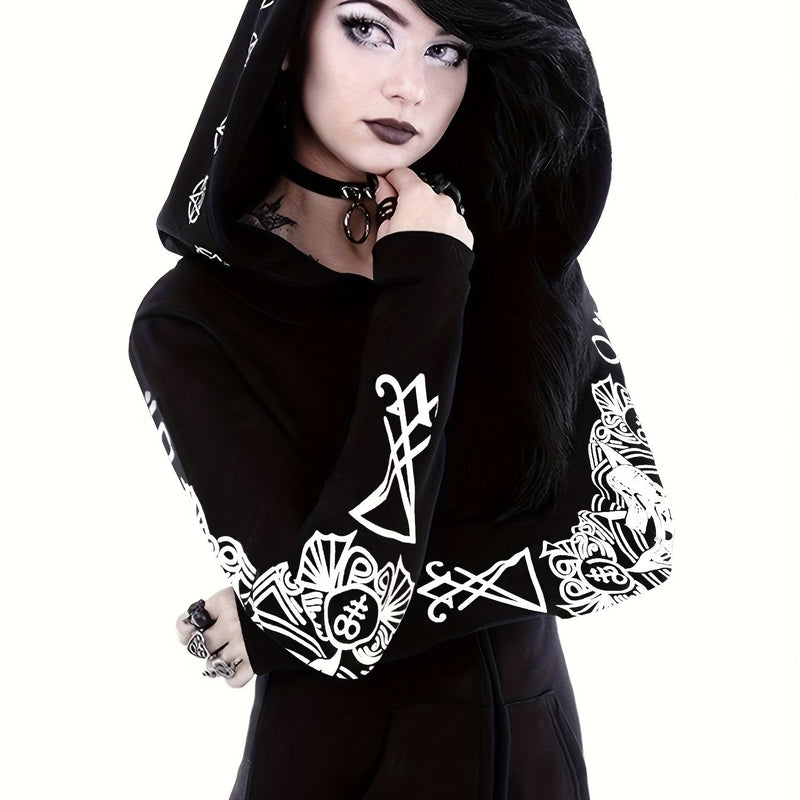 سويت شيرت نسائي بسحاب مطبوع عليه هندسي على طراز البانك