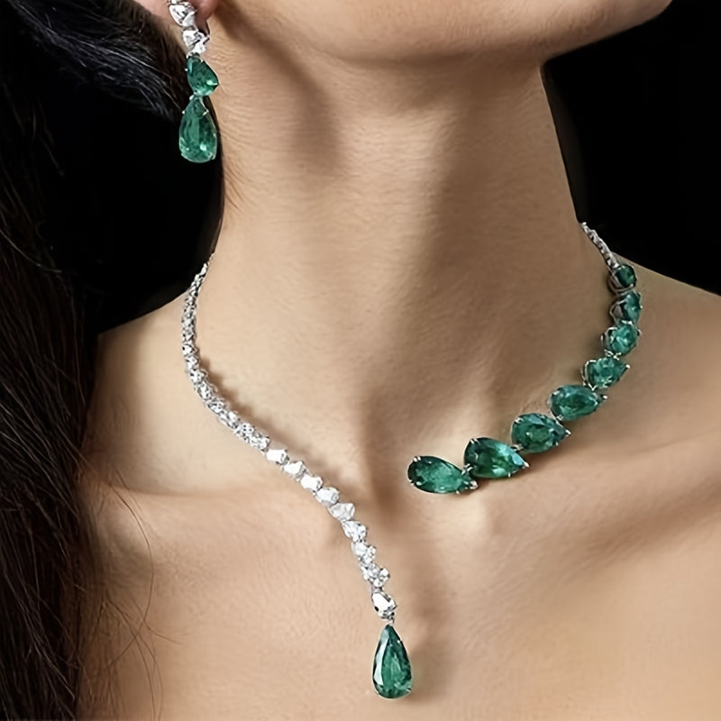 Elegant Emerald Green Teardrop Rhinestone Necklace for Women - Sparkling Wedding & Party Jewelry, Bridal Necklace with Luxury Gemstone Design, Year-Round Versatile Formal Accessory, Wedding Jewelry, Sophisticated Style, Intri