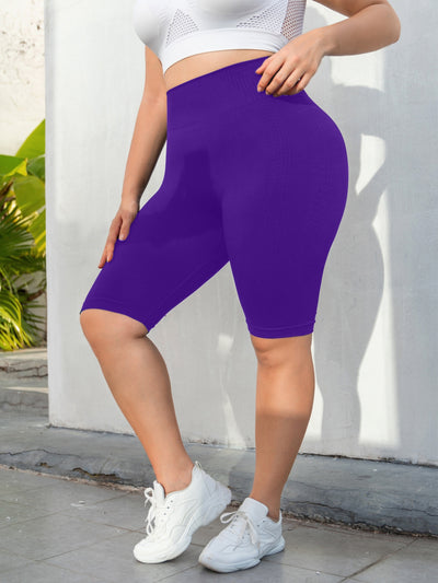 Plus Size Sports Shorts, Women's Plus Wide Waistband High Waist Seamless Running Yoga Shorts