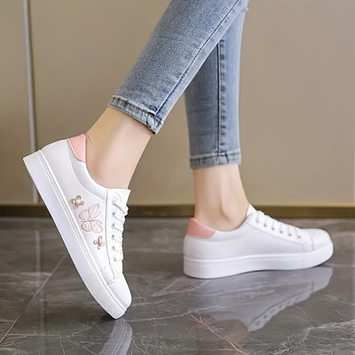 Women's Butterfly Pattern Sneakers, Casual Lace Up Outdoor Shoes, Lightweight Low Top Faux Leather Shoes