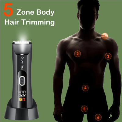 Men's & Women's Body Hair Trimmer, Men’s Groin Shaver with IPX5 Waterproof Rating and R-Sharp Ceramic Blade Head, 2 Size Combs Included. USB Rechargeable Electric Grooming Kit for Chest, Legs, Underarms Bikini Area – LED