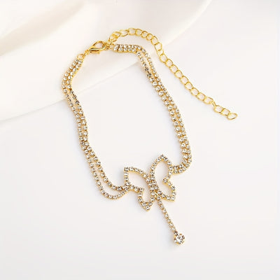 Elegant Multi-Layer Butterfly Anklet with Tassels - Sparkling Rhinestone Charm, Durable Copper, Ideal for Beach & Casual Attire, Bohemian Style Foot Jewelry|Butterfly Charm|Artificial Crystal Accent