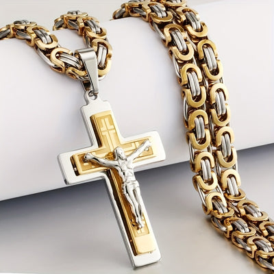 Men's 304L Stainless Steel Triple Cross Pendant Necklace with U-Shaped Flat Link Chain - Golden-Tone Religious Jewelry for Casual & Formal Wear, Everyday Fashion Accessory, Stylish Accessory, Highquality Finish