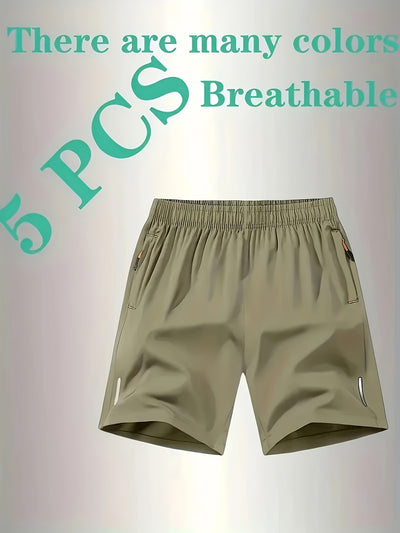 5pcs Men'S Outdoor Sports Quick-Dry Shorts, Breathable Comfort Polyester Blend with Zipper Pockets and Drawstring, Featuring Silvery Reflective Strips, Elastic Waistband, Suitable for Climbing, Tennis, Running, and Outdoor Ac