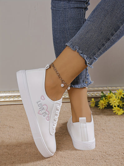 Women's Heart Pattern Sneakers, Casual Lace Up Outdoor Shoes, Comfortable Low Top Faux Leather Shoes
