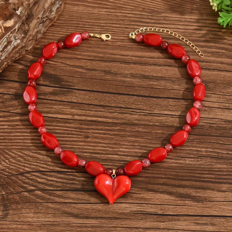 1pc Red Glass Bead Necklace with Heart Pendant - Elegant & Sexy Glossy Beads, Valentine&