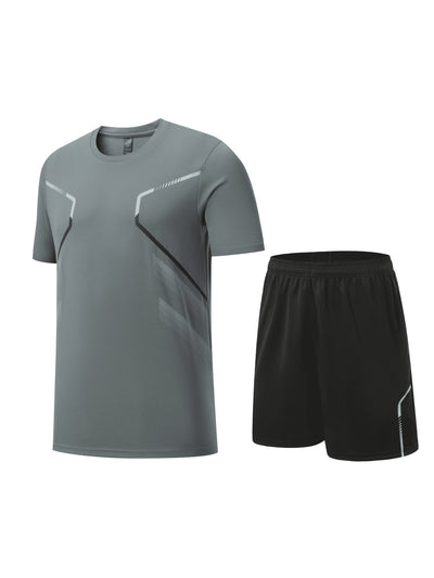 2pcs Men's Stripe Decor Short Sleeve T-shirt + Shorts Sports Set, Casual Quick-drying Summer Fitness Clothing As Gift