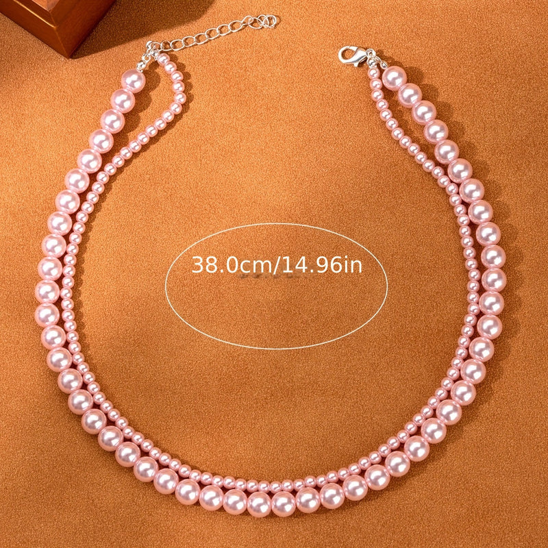 One Piece Double Layer Pink Pearl Necklace, Sweet and Cute, Simple Resin Design, All Season Daily Wear, Valentine&