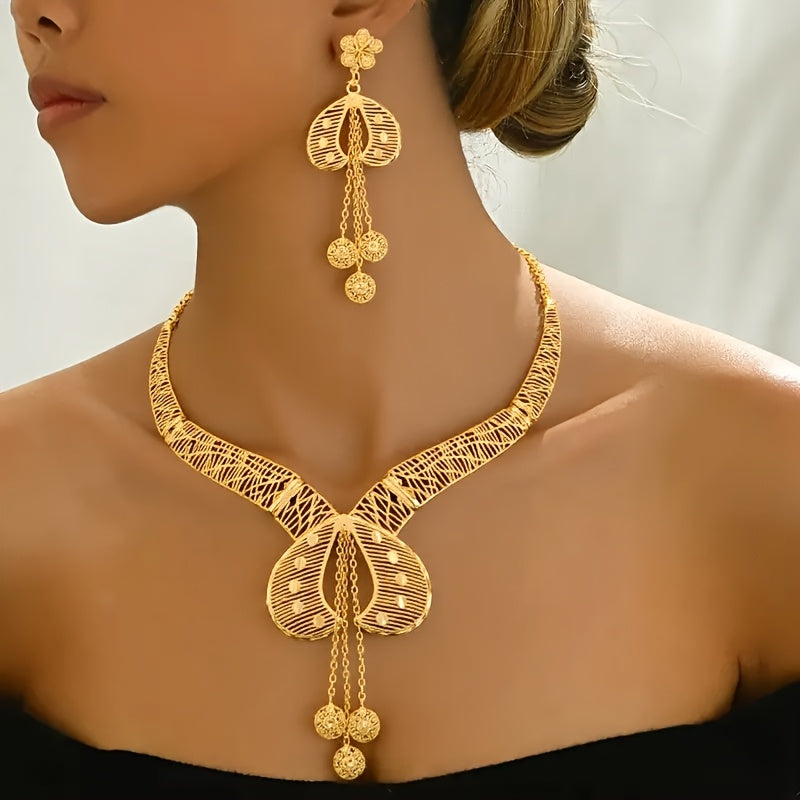 2025 New Bohemian 2pcs Hollow Flower Tassel Earrings and Necklace Elegant Ladies Jewelry Set, Perfect for Dubai Bridal Wedding Anniversary Gift, Valentine&