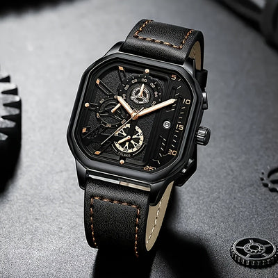 1pc Men'S Sports Watch - Quartz Movement, Square Alloy Case, Faux Leather Strap, Non-Waterproof, Battery Powered with Calendar Feature - Stylish Everyday Wear