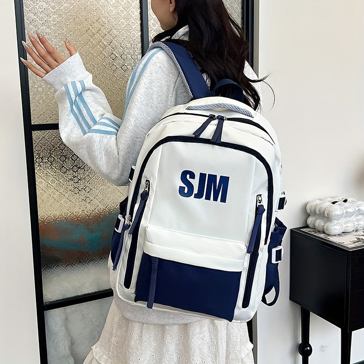 حقيبة ظهر أكسفورد متينة للسفر - حقيبة مدرسية عملية جذابة بصريًا بأحزمة قابلة للتعديل، وحجرات متعددة، وسحاب للإغلاق، بتصميم أبيض وأخضر، حقيبة ظهر عملية | حقيبة أنيقة وعملية | خامة أكسفورد