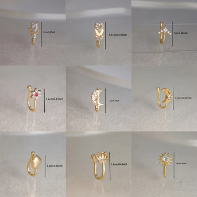 10pcs Set of Non-Piercing Nose Clips - Cute and Sexy Copper Cubic Synthetic Zirconia Design, U-shaped Heart, Crown, Butterfly and Star Patterns, Suitable for Daily Wear