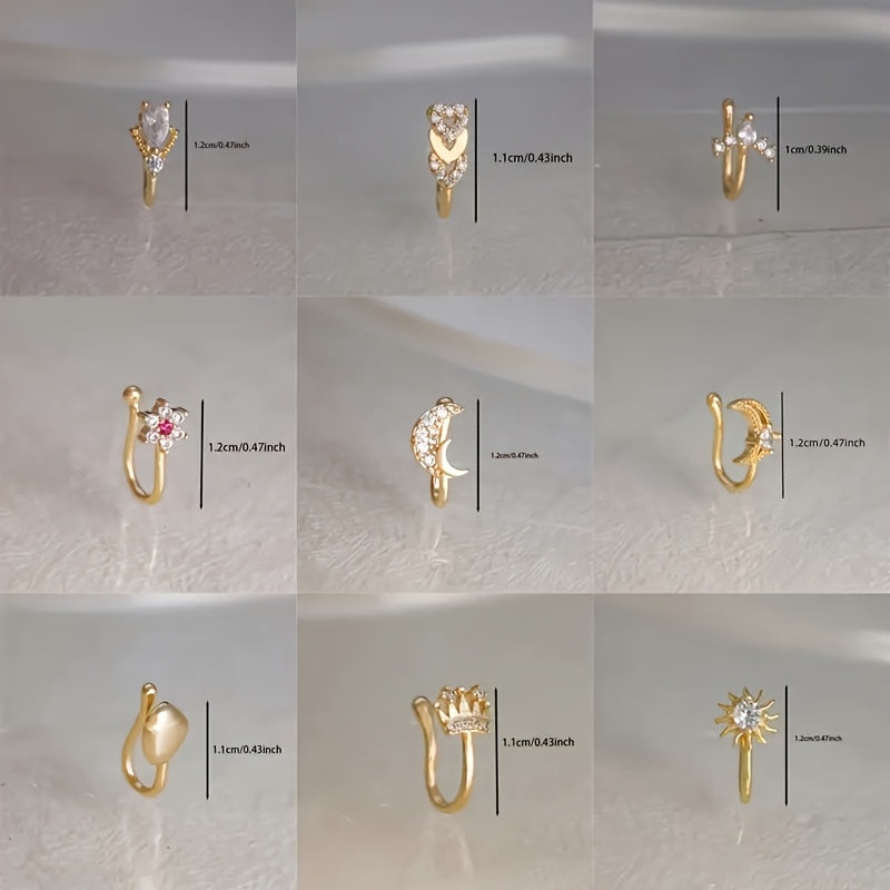 10pcs Set of Non-Piercing Nose Clips - Cute and Sexy Copper Cubic Synthetic Zirconia Design, U-shaped Heart, Crown, Butterfly and Star Patterns, Suitable for Daily Wear