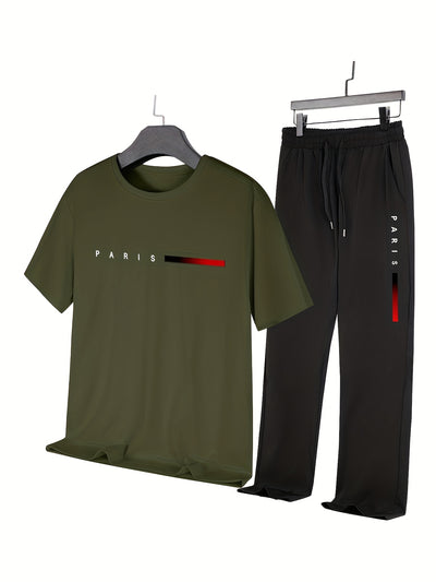 Men'S Casual Sports Two-Piece Set Short Sleeve Top Straight Leg Pants with Paris Print, Fashionable And Trendy, Ideal for Summer, Parties, Casual Outings, And Everyday Wear, Everyday Wear|Short Sleeve Top|Print Trousers