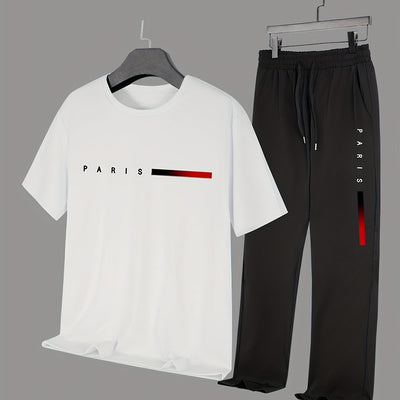 Men'S Casual Sports Two-Piece Set Short Sleeve Top Straight Leg Pants with Paris Print, Fashionable And Trendy, Ideal for Summer, Parties, Casual Outings, And Everyday Wear, Everyday Wear|Short Sleeve Top|Print Trousers