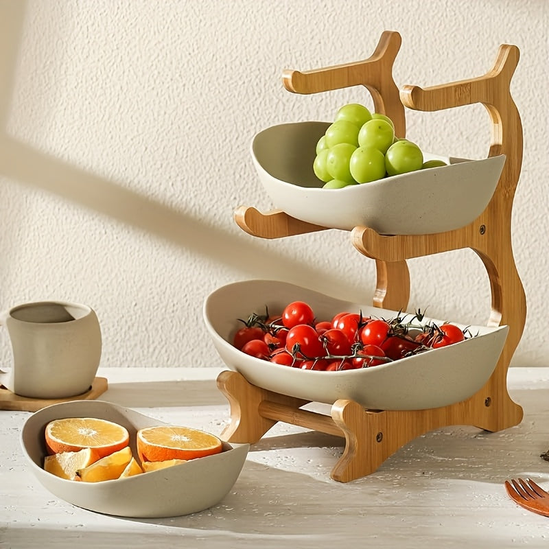 2/3-Tier Fruit Basket with Wooden Stand - Kitchen Organizer for Fruits & Vegetables,Home decor,fruit basket for kitchen counter,Large-Capacity Layered Fruit Basket,European-Style Dried Fruit Tray, Bamboo Wooden Rack Household