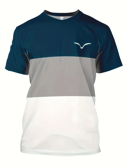 1pc Men'S Casual Crew Neck T-Shirt, Geometric Striped Print, Breathable Polyester Knit Fabric, Short Sleeve Sports Tee for Spring/Summer, Street Fashion Style