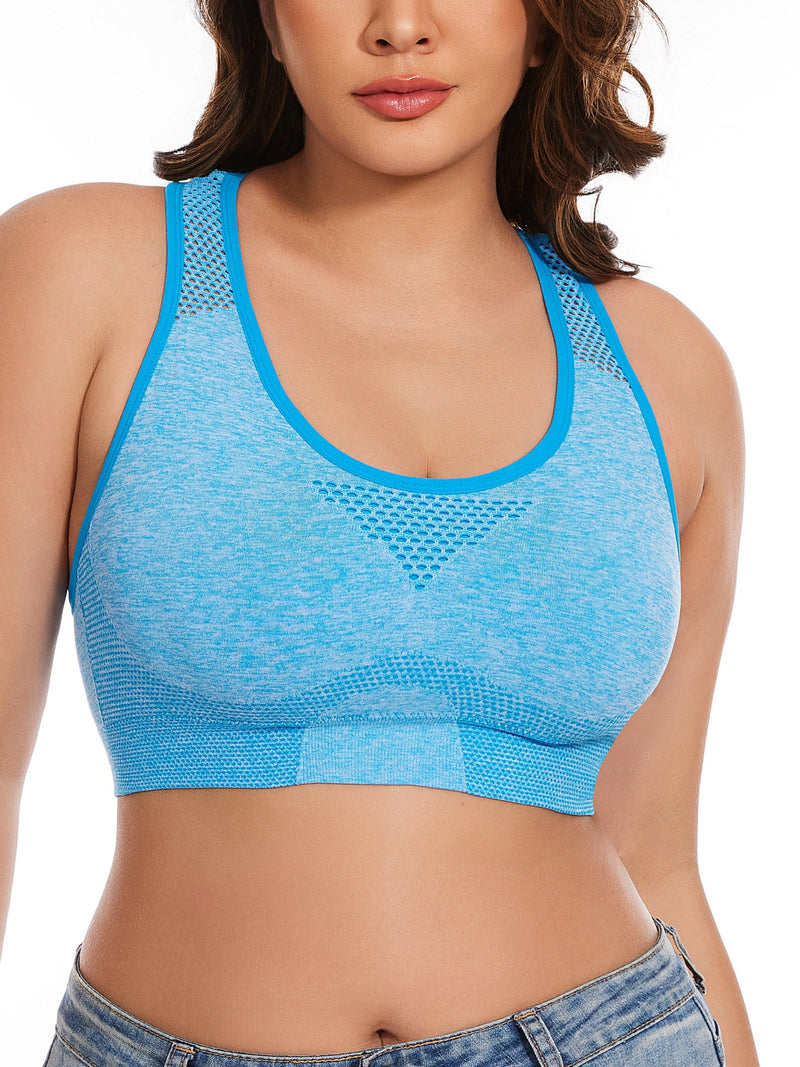 3pcs Plus Size Sports Bras, Polyamide Blend, Hollow Mesh Design, Low Support, Removable Padding, Crew Neck, Medium Stretch, Knit Fabric, with Casual Wear for Women&