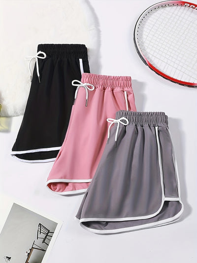 3pcs Women's Drawstring Sports Shorts - Casual Gym & Lounge Wear, Stretchy Polyester Blend, Contrast Trim, Machine Washable