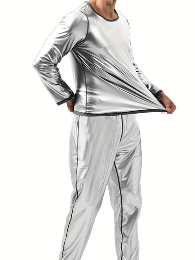 2pcs Men's sauna sports suit, including 1pc of plain sauna sports pants, elastic waist, casual sports trousers, medium elastic straight trousers and 1pc of round neck long-sleeved T-shirt, Men's sports top, sweat suit, compre