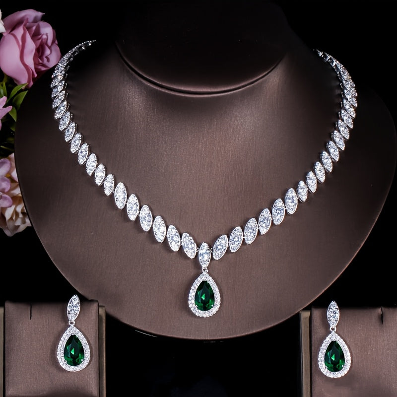 3pcs Elegant Teardrop Blue Jewelry Set Silvery Inlaid Synthetic Synthetic Zirconia Pendant Necklace Dangle Earrings Sets for Lady Girls Banquet Prom Wear