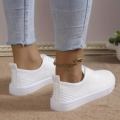 Women's Solid Color Flat Shoes, Breathable Knit Lace Up Outdoor Shoes, Lightweight Low Top Shoes