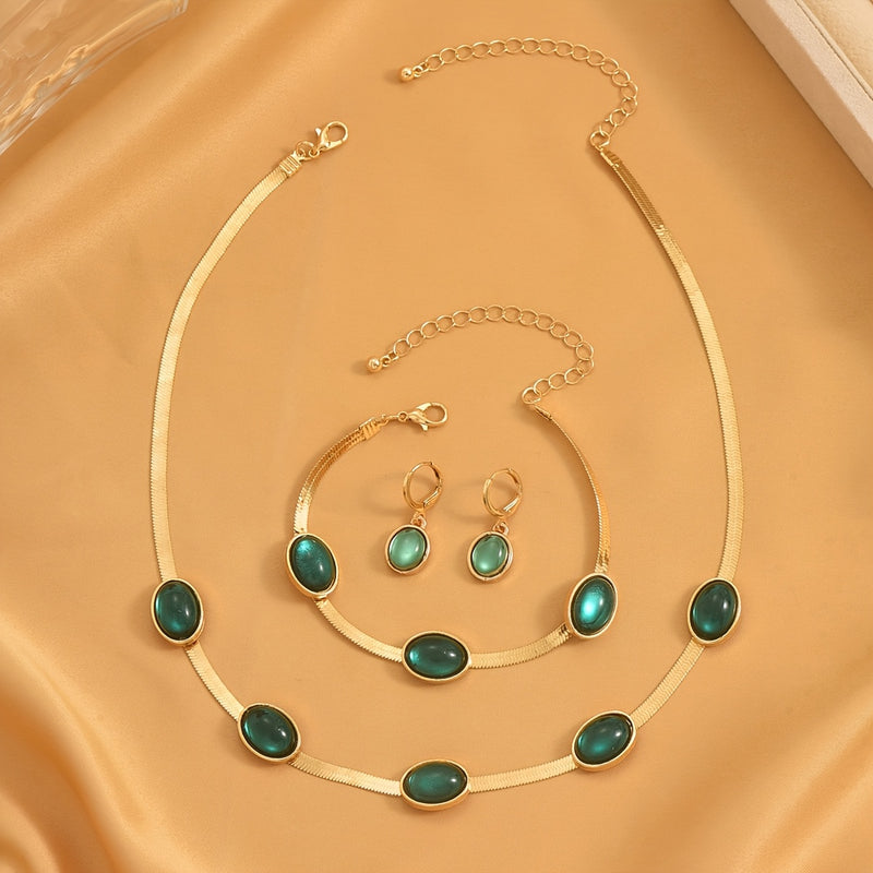 4pcs elegant and luxurious imitation Created-Emerald necklace, earrings and bracelet set, as well as a Women&