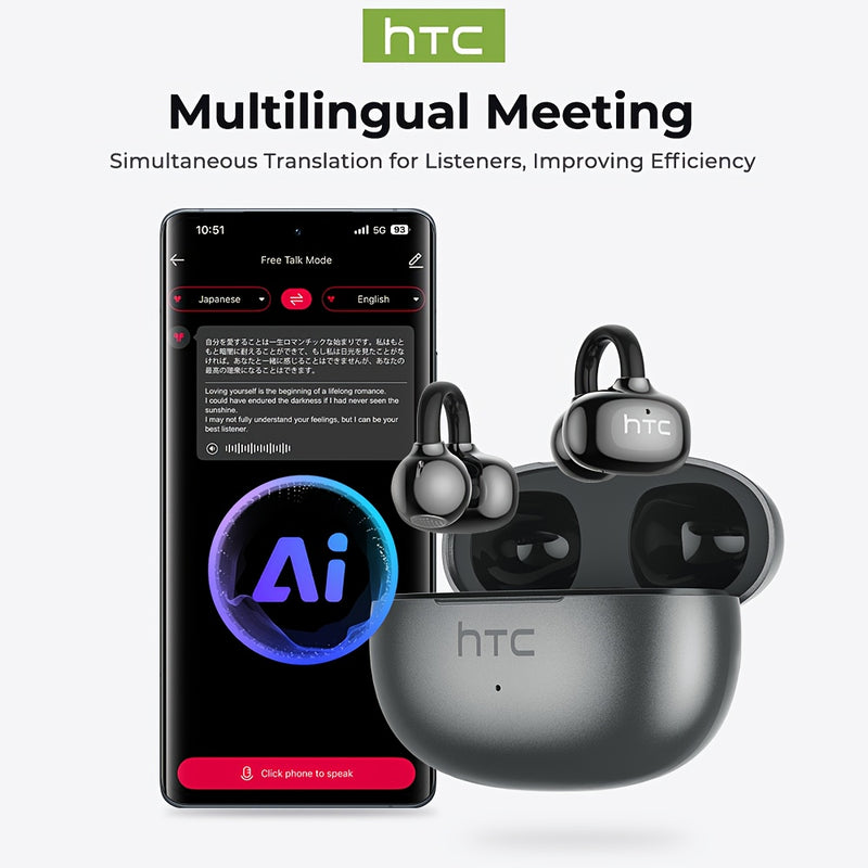 1pc HTC NE55 AI Translation Earbuds Real-time Translation Headphones OWS Open-Ear Wireless Headphones, Latest BT V6.0, Noise Reduction Clear Call, 6.5 Hours Music Long Battery Life, Big speaker Big Volume, Headphones Noise Ca