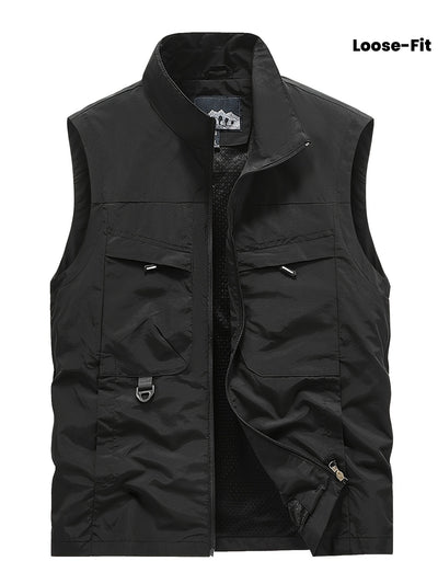 Men'S Navy Blue Sleeveless Vest with Stand Collar, Zippered Front & Side Pockets - Casual, Loose-Fit Outdoor Sports Vest for All Seasons, Polyester Fiber Lining, Perfect for Fall/Winter
