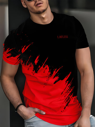 Men's Casual 3D Digital Print Short Sleeve T-Shirt - Black with Red & Gray Brush Stroke Design, Breathable Summer Tee, Regular Fit, Machine Washable, Casual Attire, Modern Textile Technology