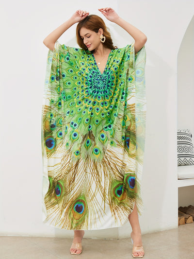 peocock printed women beach kaftans handmade waved maxi dresses bikini cover ups for swimwear bathing suits