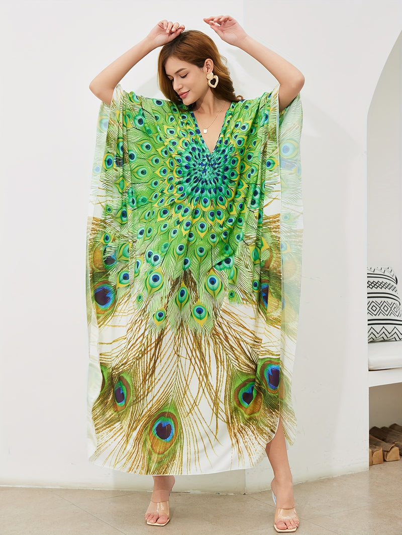 peocock printed women beach kaftans handmade waved maxi dresses bikini cover ups for swimwear bathing suits