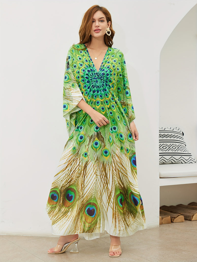 peocock printed women beach kaftans handmade waved maxi dresses bikini cover ups for swimwear bathing suits