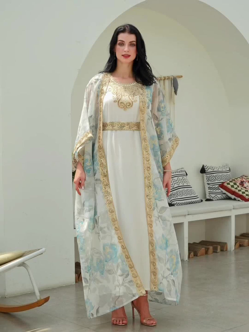 Oriental Traditional Style Sequined Lace Two-Piece Mesh Abaya Dress for Women - Long Robe with Veil