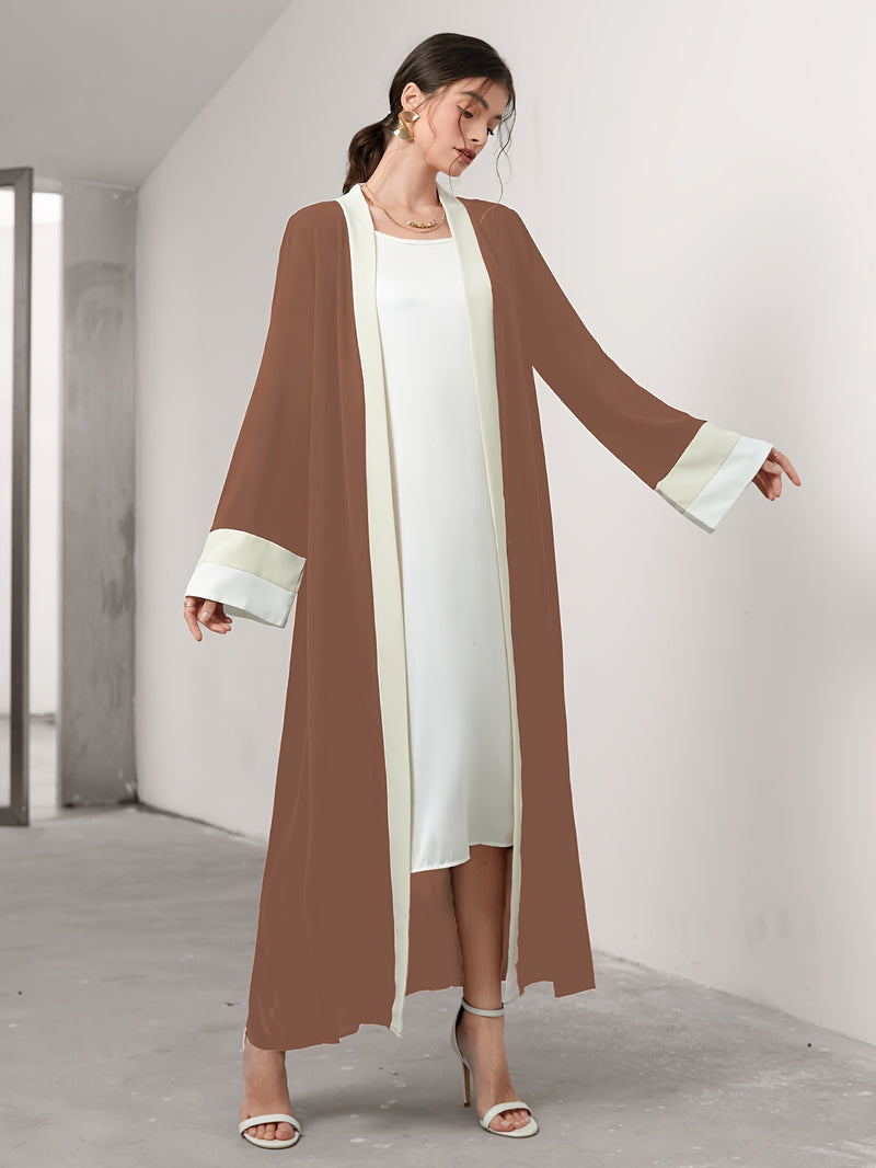 Cozy Comfort, Elegant Black and Cream Long Robe with Ruffle Sleeves - Polyester, Machine Washable, Casual Style for Women - Perfect for Spring/Summer/Fall