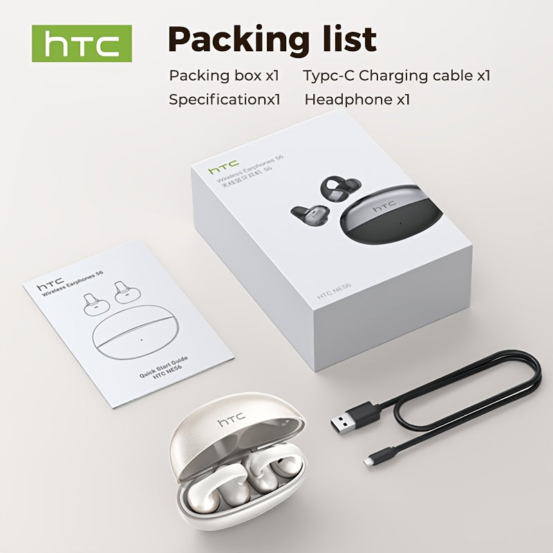 HTC NE56 Wireless Earbuds with 6.0 Low-Latency HD Voice, Compatible with iOS & Android, Portable & Comfortable Design, Built-in Microphone, Noise Cancellation, USB Rechargeable