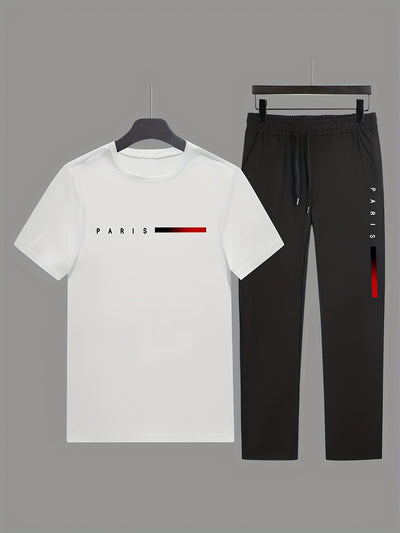Men'S Casual Sports Two-Piece Set Short Sleeve Top Straight Leg Pants with Paris Print, Fashionable And Trendy, Ideal for Summer, Parties, Casual Outings, And Everyday Wear, Everyday Wear|Short Sleeve Top|Print Trousers