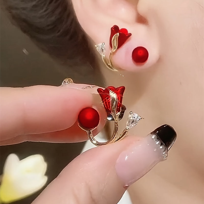 Elegant Tulip Flower Stud Earrings for Women - Fashionable and Sexy Glass-inlaid Alloy with Diverse Plating - Versatile for Daily and Party Wear - 1 Pair