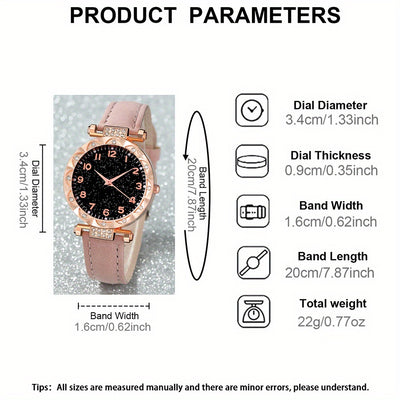 6pcs New Fashionable Round Dial Women's PUPU Leather PU Leather Quartz Watch and Jewelry Set