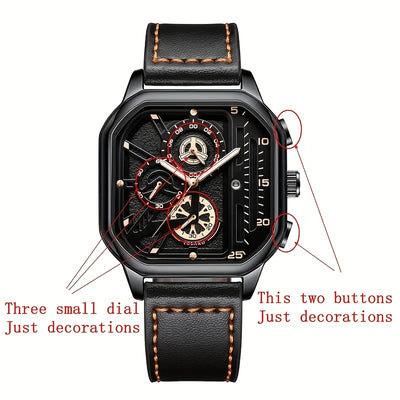1pc Men'S Sports Watch - Quartz Movement, Square Alloy Case, Faux Leather Strap, Non-Waterproof, Battery Powered with Calendar Feature - Stylish Everyday Wear