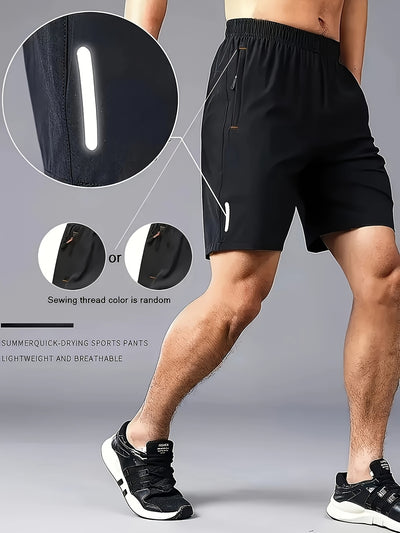 5pcs Men'S Outdoor Sports Quick-Dry Shorts, Breathable Comfort Polyester Blend with Zipper Pockets and Drawstring, Featuring Silvery Reflective Strips, Elastic Waistband, Suitable for Climbing, Tennis, Running, and Outdoor Ac